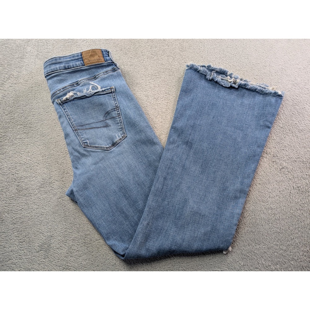 American Eagle Womens Distressed Flare Jeans Blue High Rise Stretch Size 6?